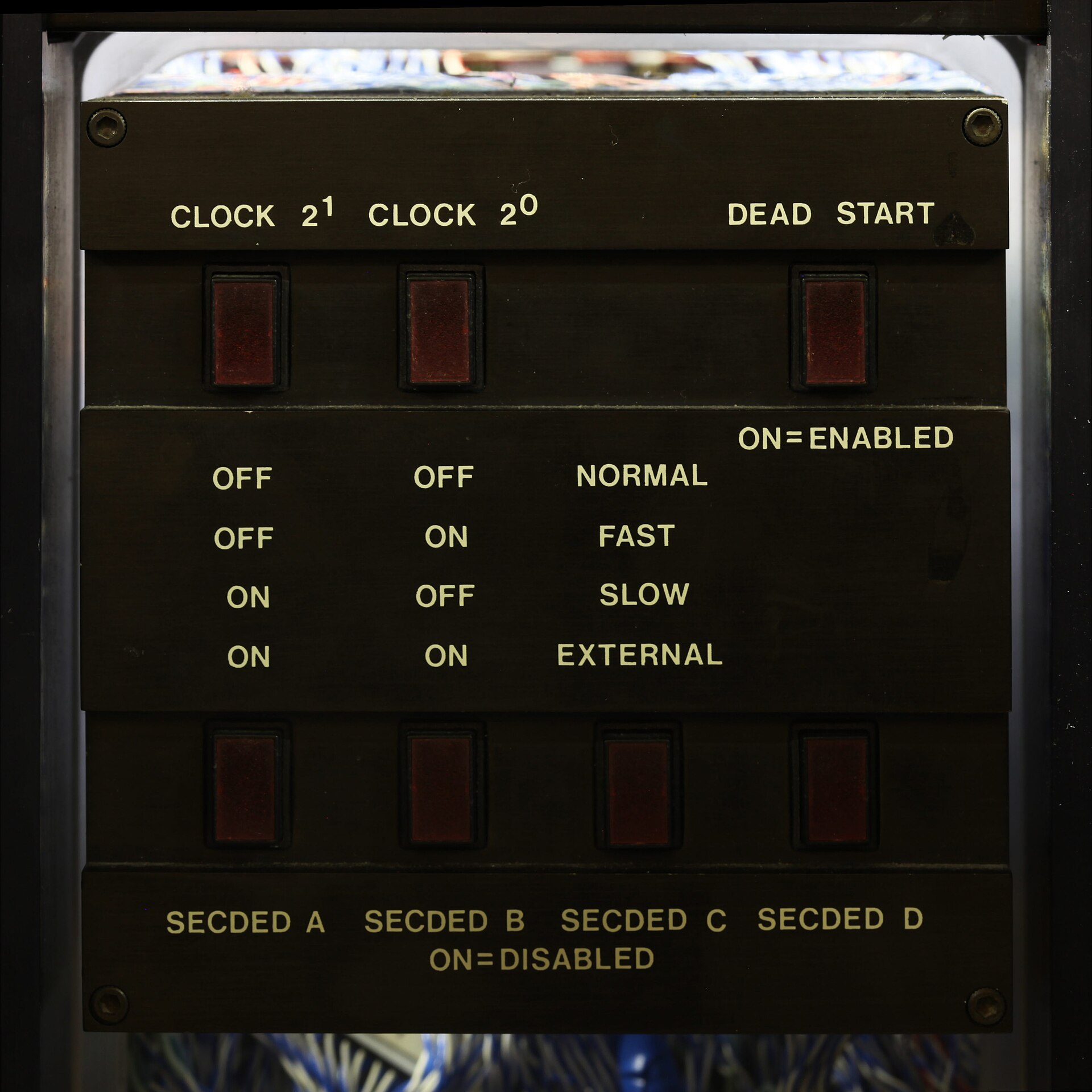 Control module of a Cray-2 supercomputer showing clock and dead-start switches